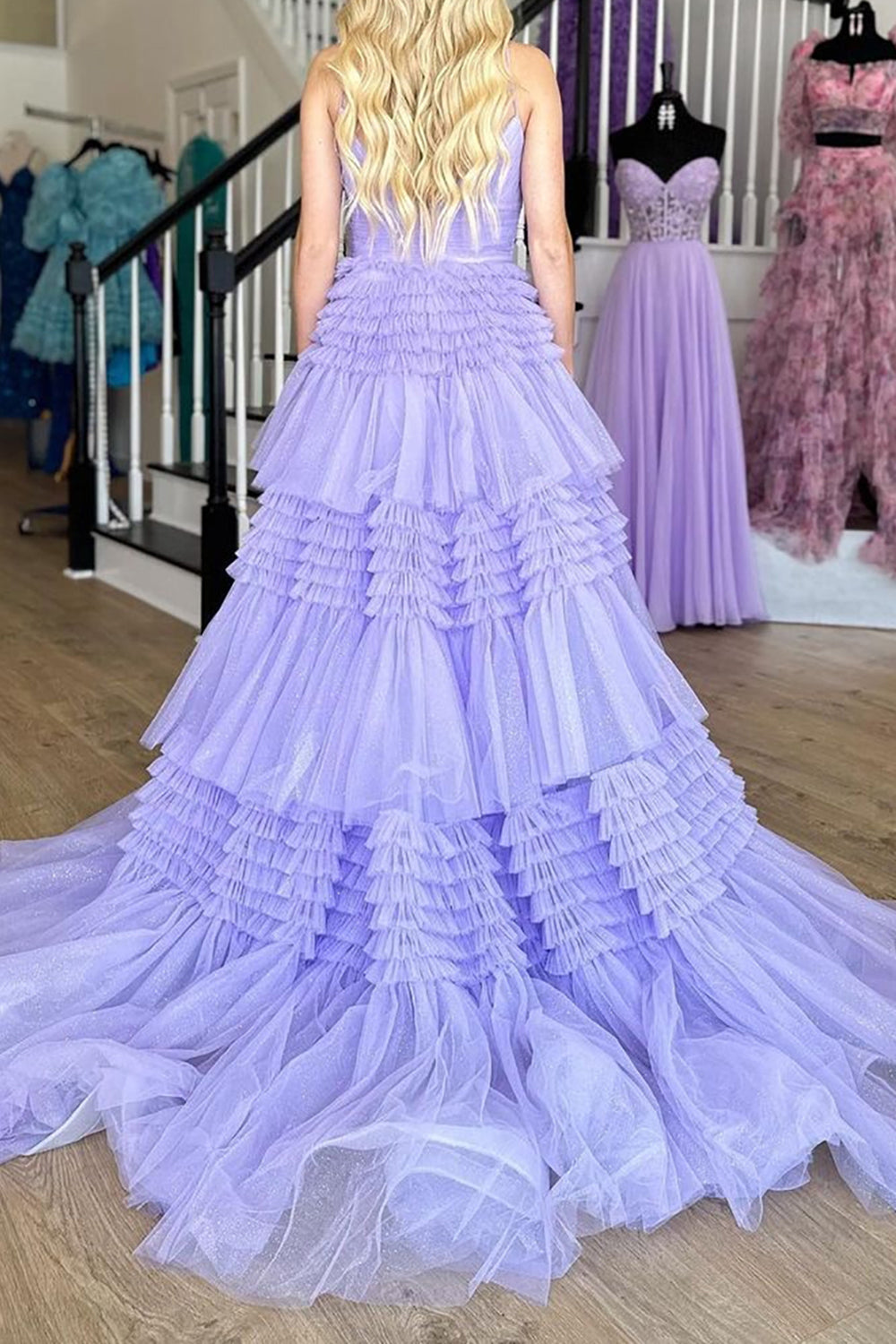 Gorgeous A Line Spaghetti Straps Lilac Long Prom Dress with Ruffles