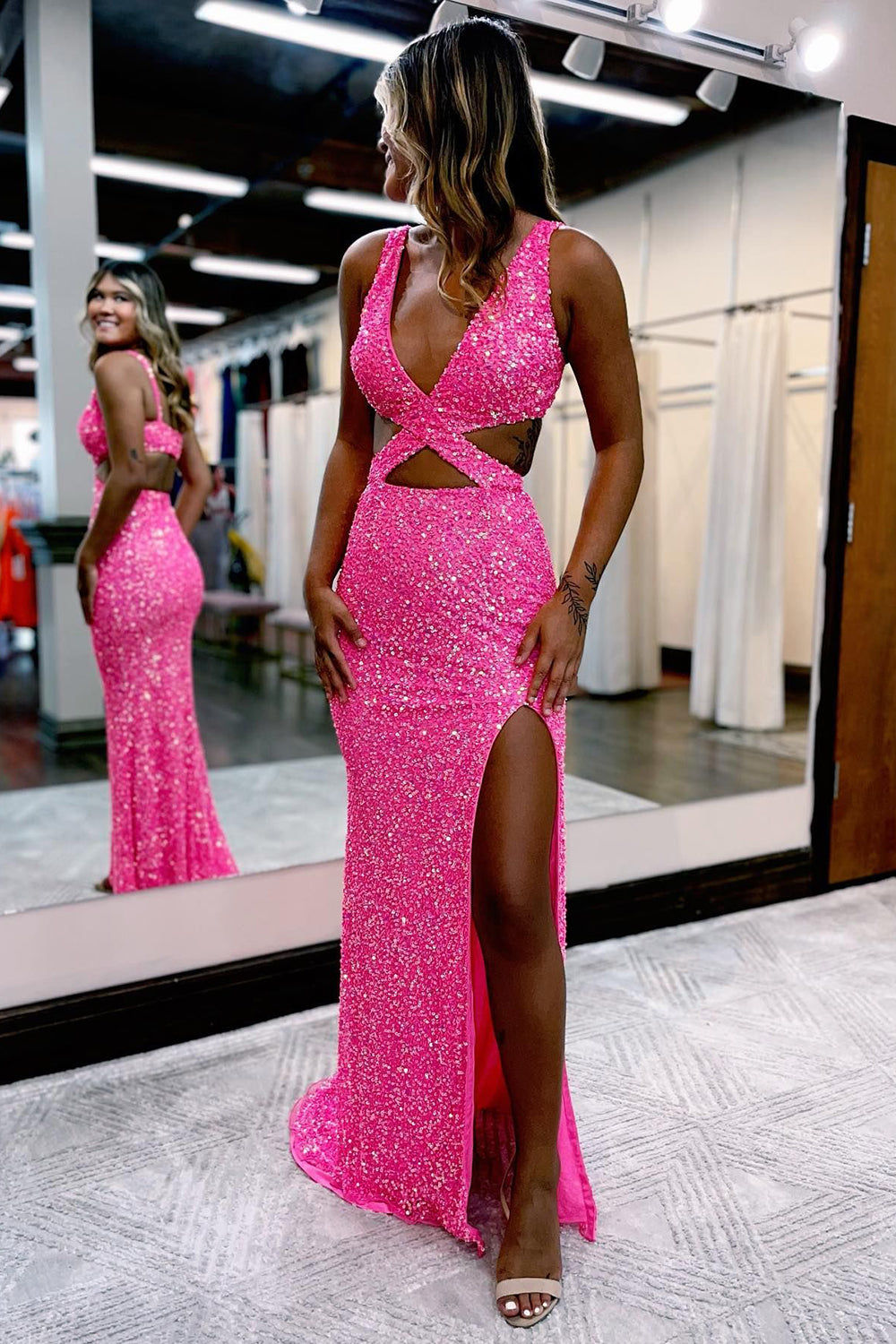 Sheath Deep V Neck Hot Pink Sequins Long Prom Dresses with Split Front