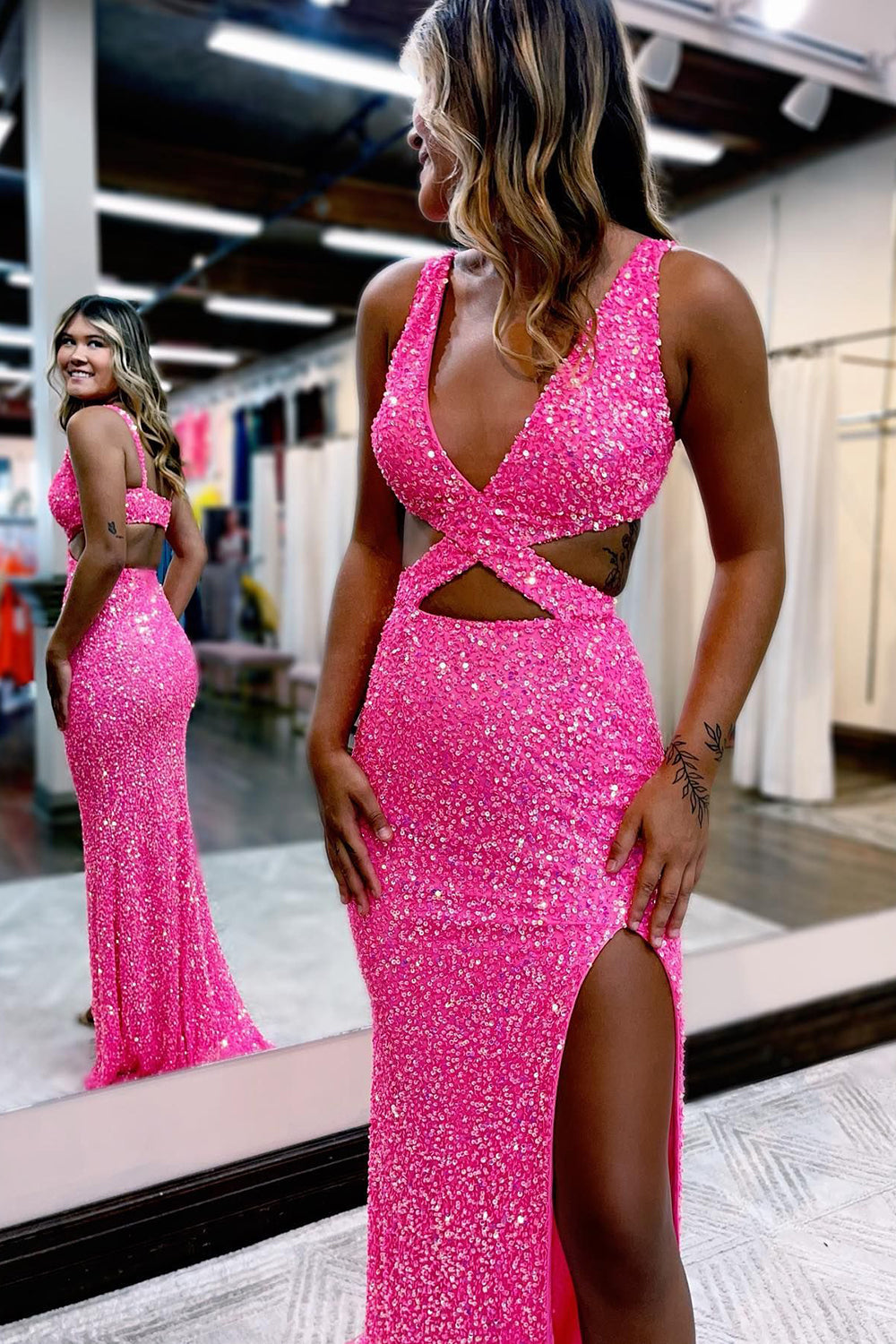 Sheath Deep V Neck Hot Pink Sequins Long Prom Dresses with Split Front