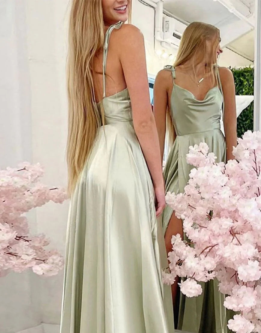 Sage Green Spaghetti Straps Elastic Satin Bridesmaid Dress