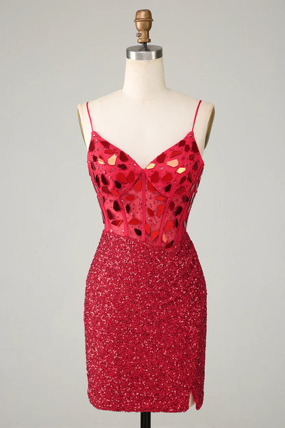 Sparkly Red Corset Sequin Mirror Tight Homecoming Dress with Slit