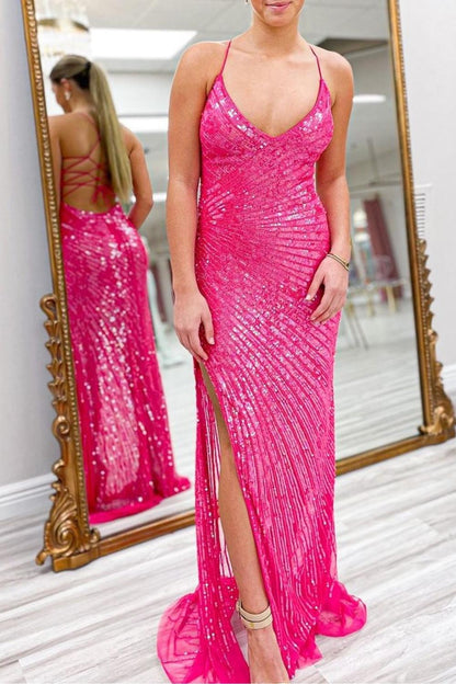 Sparkly Mermaid Spaghetti Straps Fuchsia Sequins Long Prom Dress with Criss Cross Back