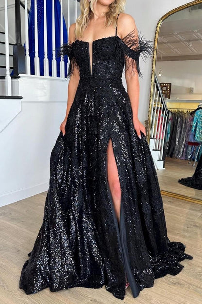 Gorgeous A Line Off the Shoulder Black Sequins with Feather