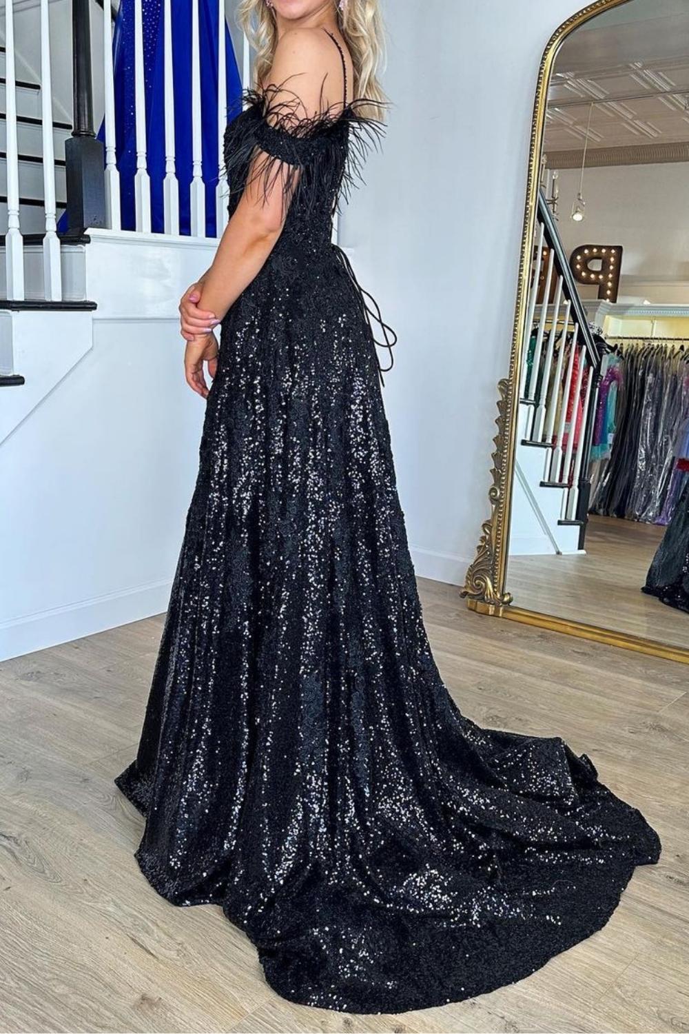 Gorgeous A Line Off the Shoulder Black Sequins with Feather