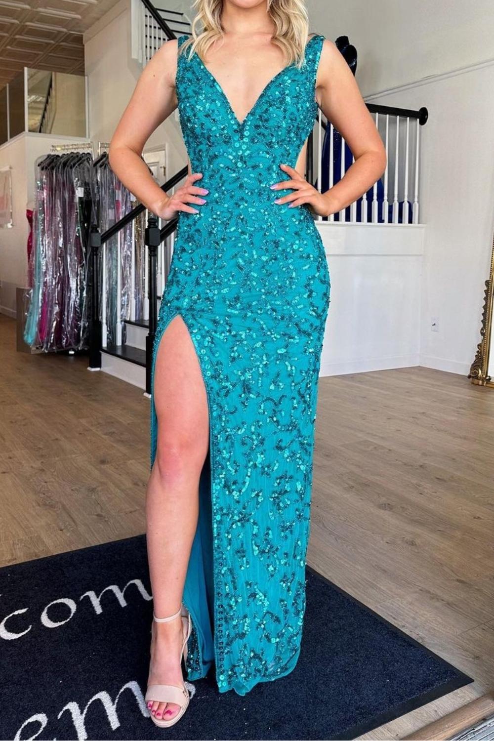 Sparkly Mermaid V Neck Peacock Blue Sequins Long Prom Dress with Backless