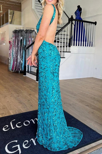 Sparkly Mermaid V Neck Peacock Blue Sequins Long Prom Dress with Backless