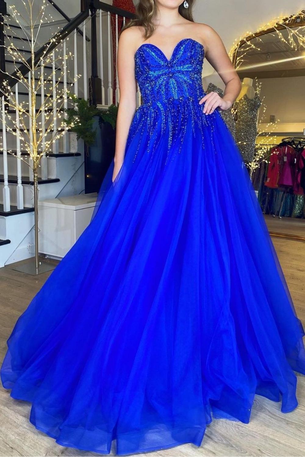 Gorgeous A Line Sweetheart Royal Blue Long Prom Dress with Appliques