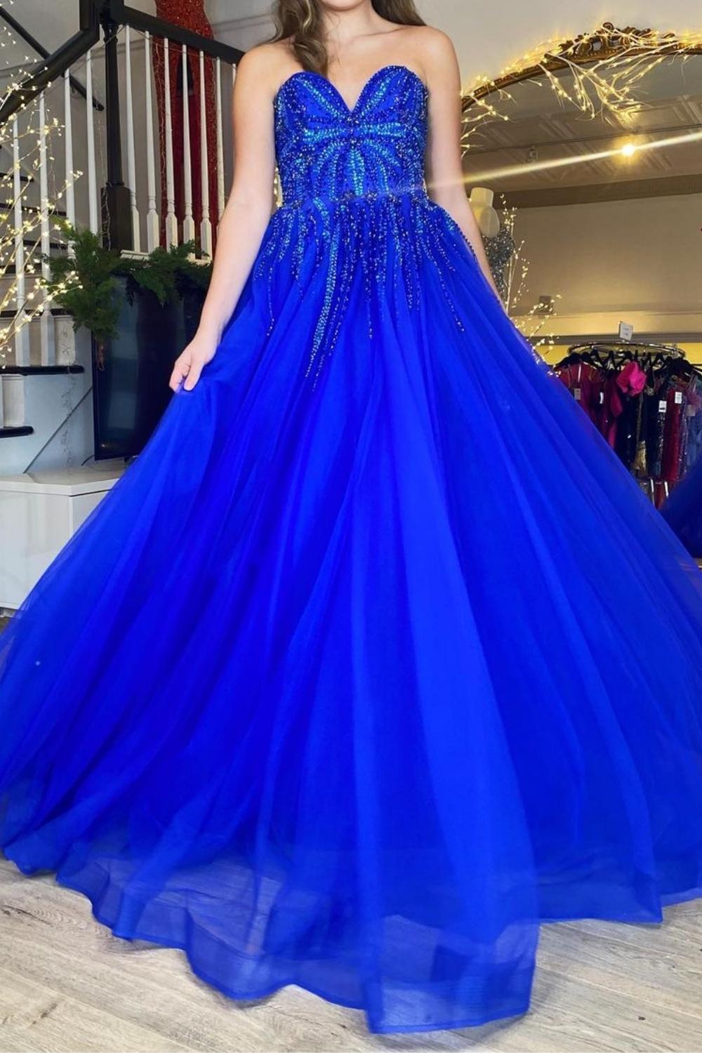 Gorgeous A Line Sweetheart Royal Blue Long Prom Dress with Appliques