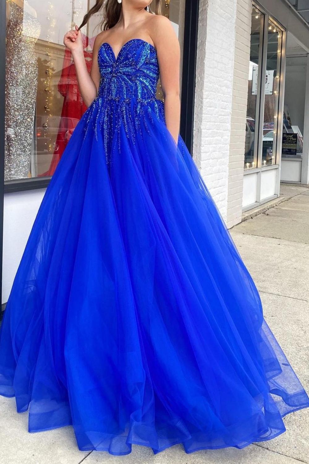 Gorgeous A Line Sweetheart Royal Blue Long Prom Dress with Appliques