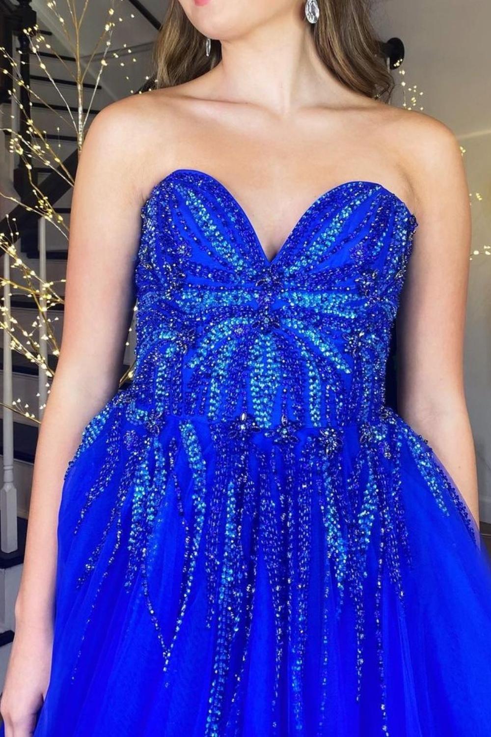 Gorgeous A Line Sweetheart Royal Blue Long Prom Dress with Appliques