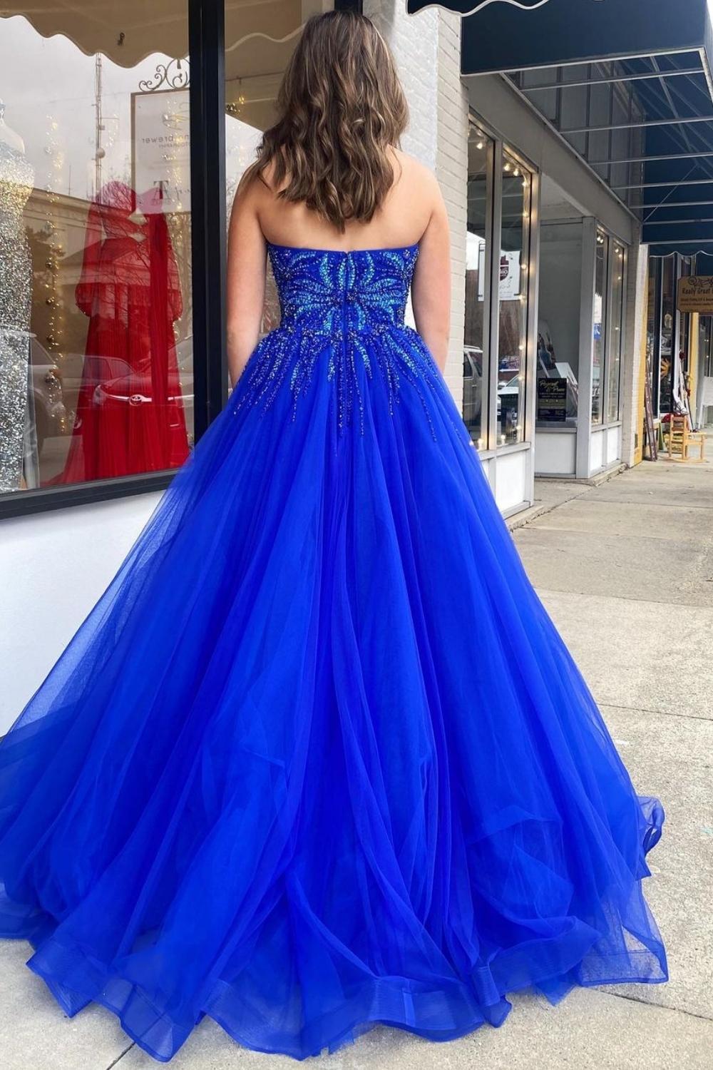 Gorgeous A Line Sweetheart Royal Blue Long Prom Dress with Appliques