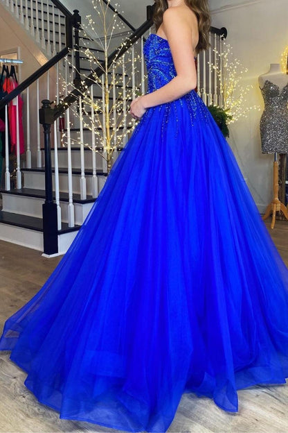 Gorgeous A Line Sweetheart Royal Blue Long Prom Dress with Appliques