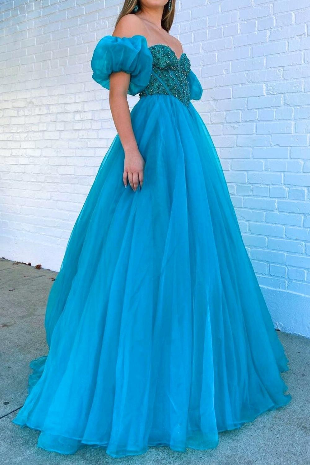 Princess A Line Sweetheart Blue Corset Prom Dress with Beading