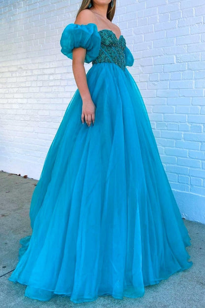 Princess A Line Sweetheart Blue Corset Prom Dress with Beading