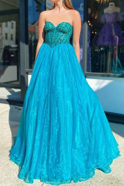 Princess A Line Sweetheart Blue Corset Prom Dress with Beading