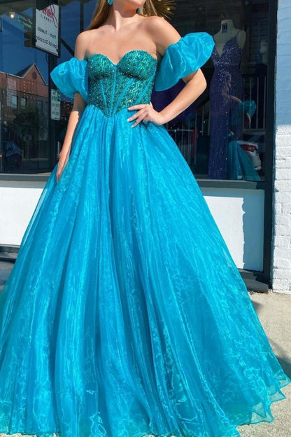 Princess A Line Sweetheart Blue Corset Prom Dress with Beading