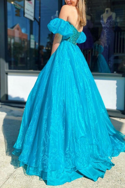 Princess A Line Sweetheart Blue Corset Prom Dress with Beading