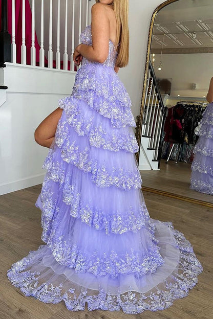 Gorgeous A Line One Shoulder Lilac Corset Prom Dress with Ruffles Lace