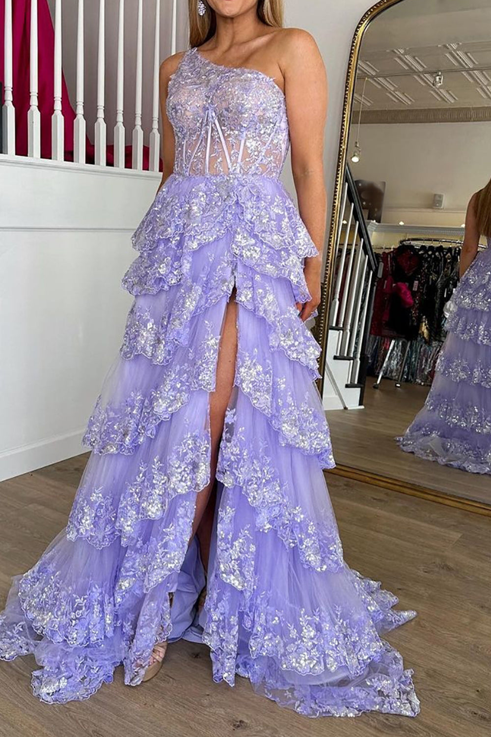 Gorgeous A Line One Shoulder Lilac Corset Prom Dress with Ruffles Lace