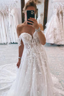 Buyishang Ivory Off the Shoulder Long Lace Mermaid Wedding Dress with Appliques