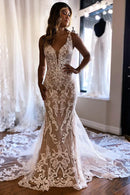 Buyishang Champagne V-Neck Mermaid Long Lace Wedding Dress