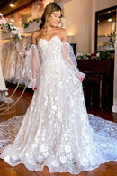 Buyishang A-Line Ivory Sweetheart Corset Detachable Long Sleeves Long Lace Wedding Dress