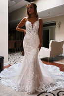 Buyishang Ivory Backless Sleeveless Lace Mermaid Long Wedding Dress