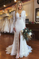 Buyishang White Mermaid Boho Long Lace Wedding Dress with Sleeves