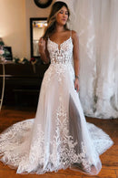 Buyishang Ivory Detachable Sleeve High Slit A-Line Wedding Dress with Appliques