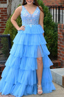 Blue A Line V-Neck Long Tiered Prom Dress with Slit And Appliques