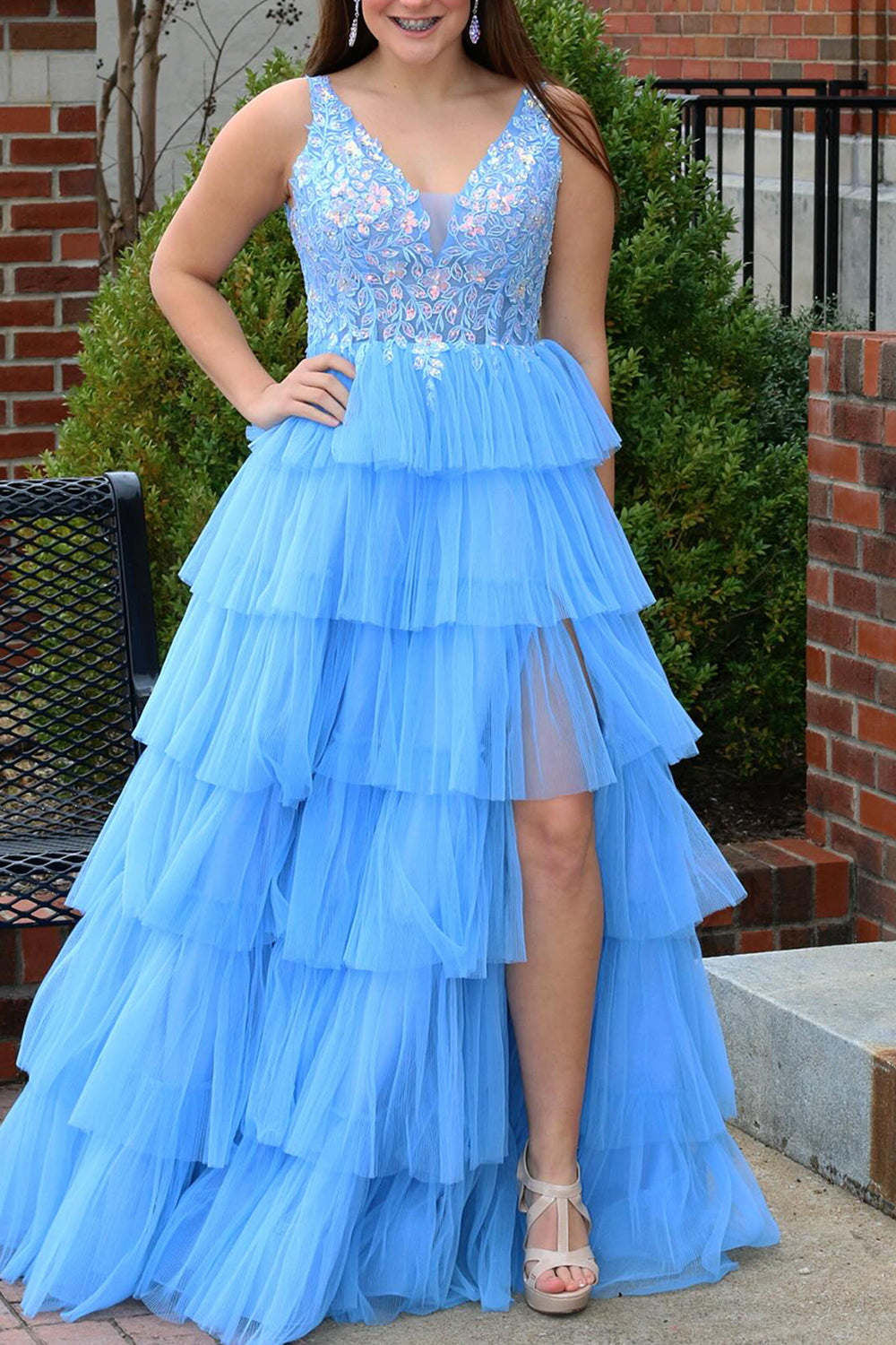 Blue A Line V-Neck Long Tiered Prom Dress with Slit And Appliques