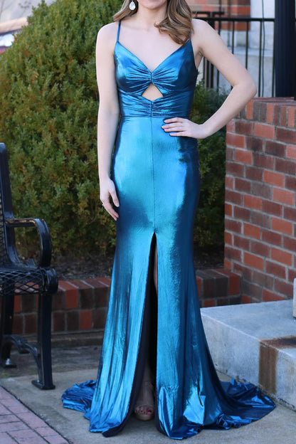 Dark Blue Mermaid Keyhole Back Long Satin Prom Dress With Slit