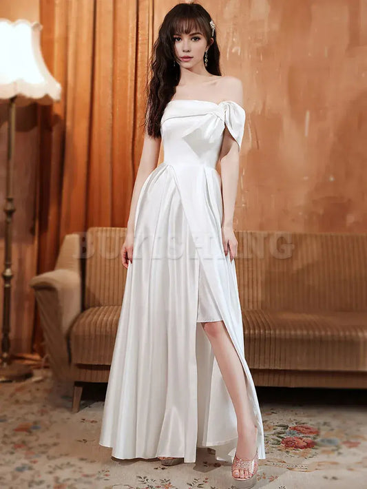 Buyishang White A line Satin Long Prom Dress White Satin Long Formal Evening Dress Bridesmaid dress shop ﻿