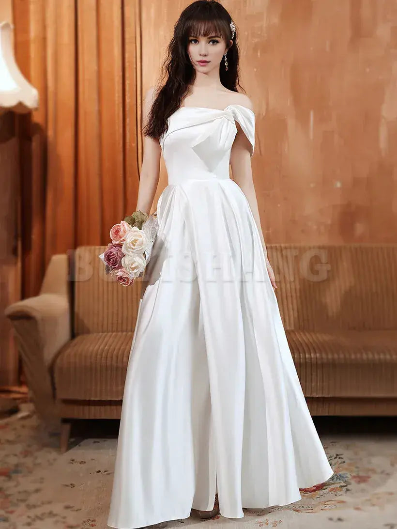 Buyishang White A line Satin Long Prom Dress White Satin Long Formal Evening Dress Bridesmaid dress shop ﻿