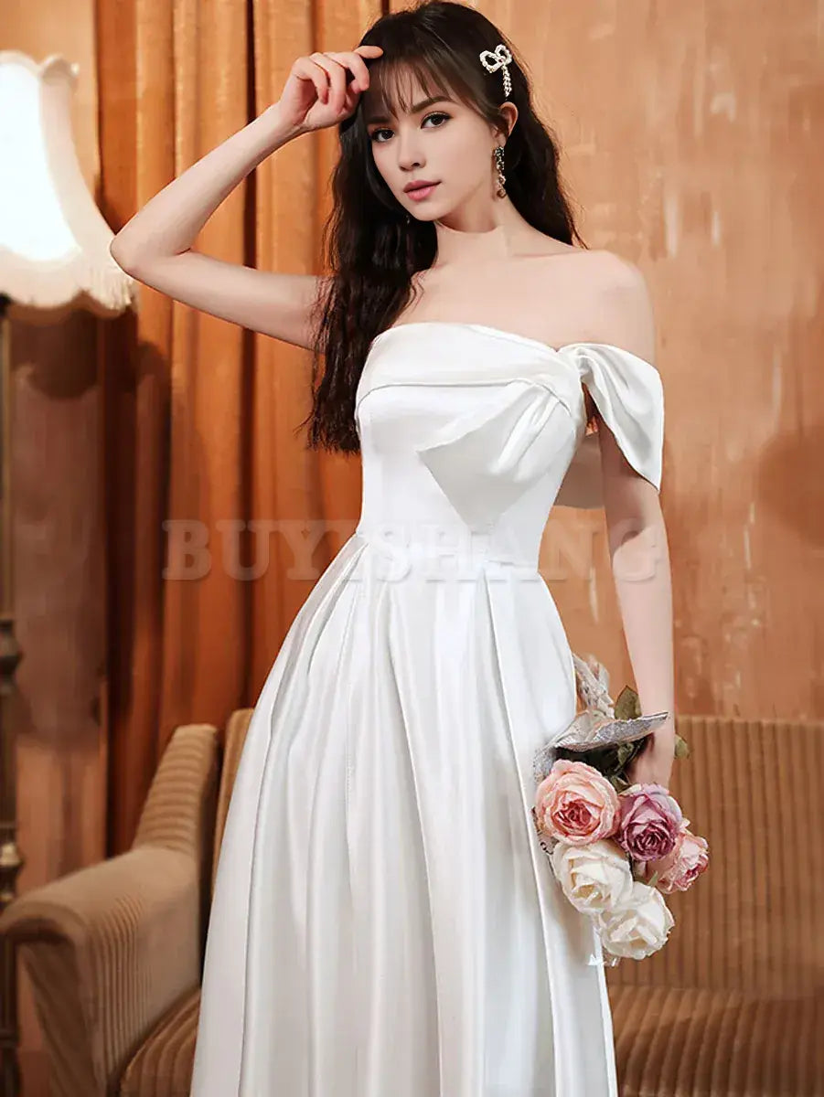 Buyishang White A line Satin Long Prom Dress White Satin Long Formal Evening Dress Bridesmaid dress shop ﻿