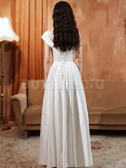 Buyishang White A line Satin Long Prom Dress White Satin Long Formal Evening Dress Bridesmaid dress shop ﻿