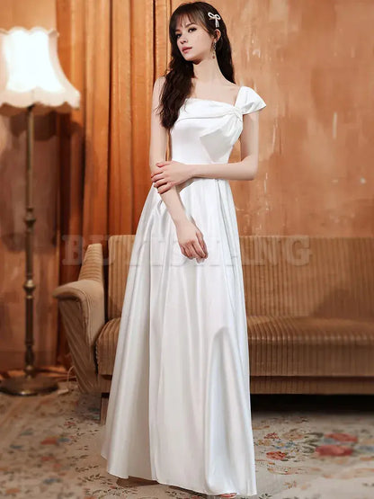 Buyishang White A line Satin Long Prom Dress White Satin Long Formal Evening Dress Bridesmaid dress shop ﻿