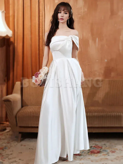 Buyishang White A line Satin Long Prom Dress White Satin Long Formal Evening Dress Bridesmaid dress shop ﻿