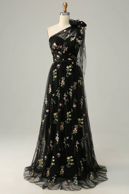 A-Line One Shoulder Black Long Prom Dress With Embroidery