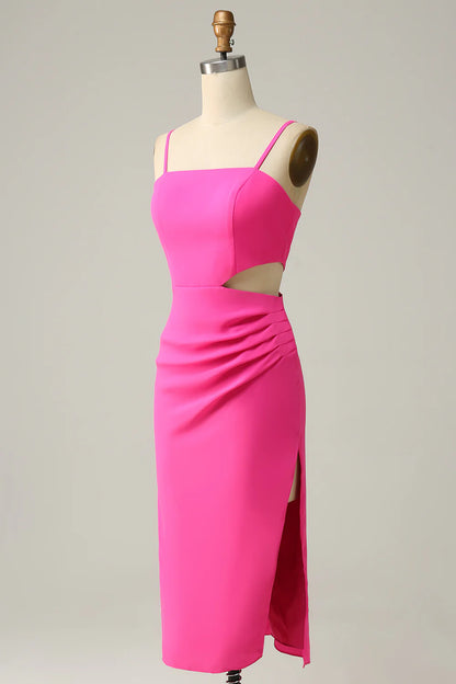 Spaghetti Straps Cut Out Hot Pink Bridesmaid Dress with Ruffles