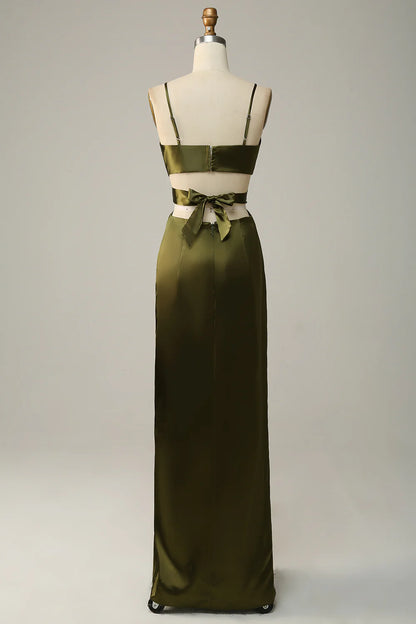 Spaghetti Straps Cut Out Olive Long Bridesmaid Dress with Slit