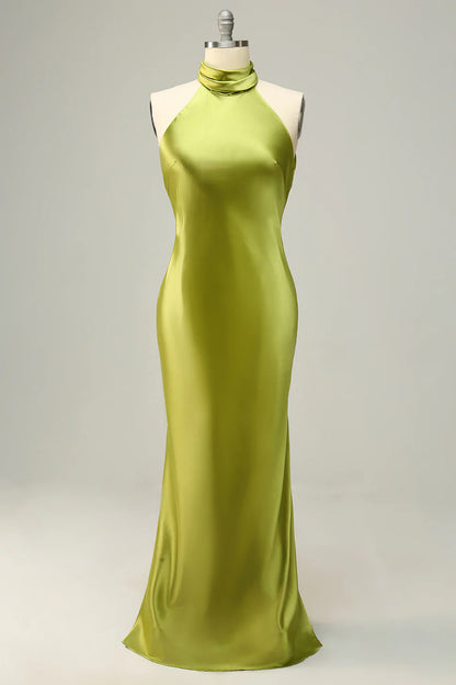 Halter Open Back Lemon Green Long Bridesmaid Dress