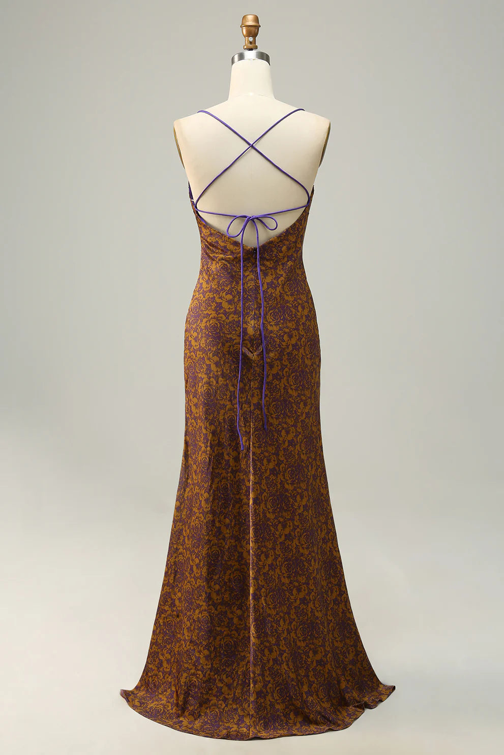 Flower Printed Brown Long Bridesmaid Dress