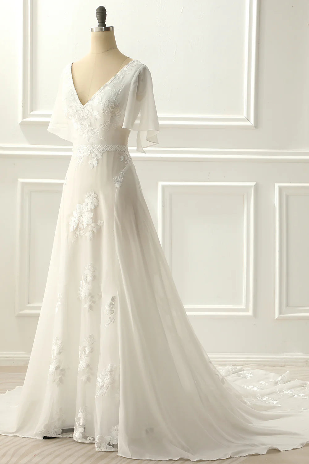 Ivory V Neck A Line Long Wedding Dress With Appliques