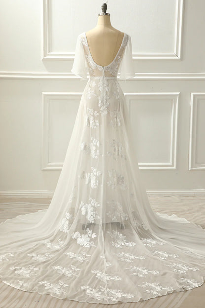 Ivory V Neck A Line Long Wedding Dress With Appliques