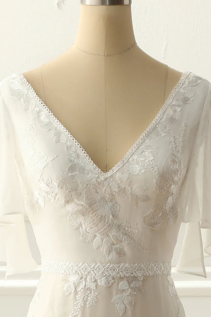 Ivory V Neck A Line Long Wedding Dress With Appliques