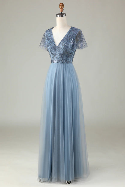 A-Line Dusty Blue Bridesmaid Dress with Beading