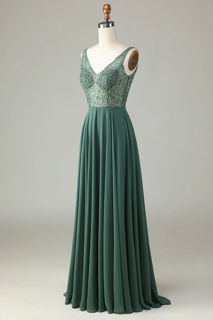 A-Line Beaded Eucalyptus Long Bridesmaid Dress