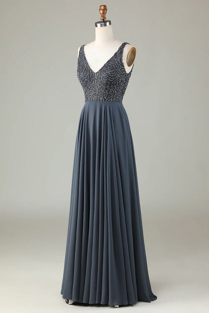 A-Line Beaded Eucalyptus Long Bridesmaid Dress