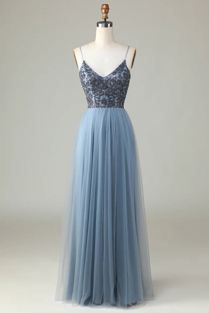 Beaded Spaghetti Straps Dusty Blue Bridesmaid Dress